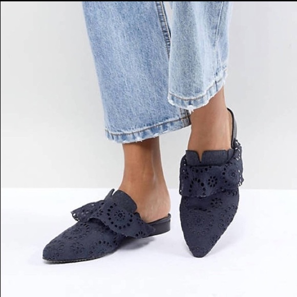 Free People Shoes - NWOT Free People SIENNA Navy Blue Eyelet Mules. Size 37/6.5